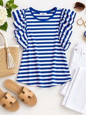 Dazign Blue White Striped Ruffle Sleeve Top XL Casual Summer Blouse